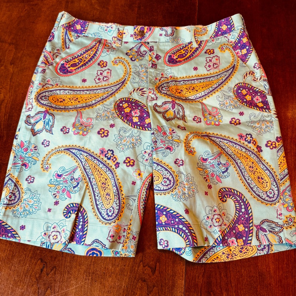 Loudmouth Golf Shorts Mens 36 Teal Multi Paisley Print Stretch Cotton Activewear